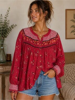 Free People Boho Floral Button Up Top Medium Oversized Cottagecore